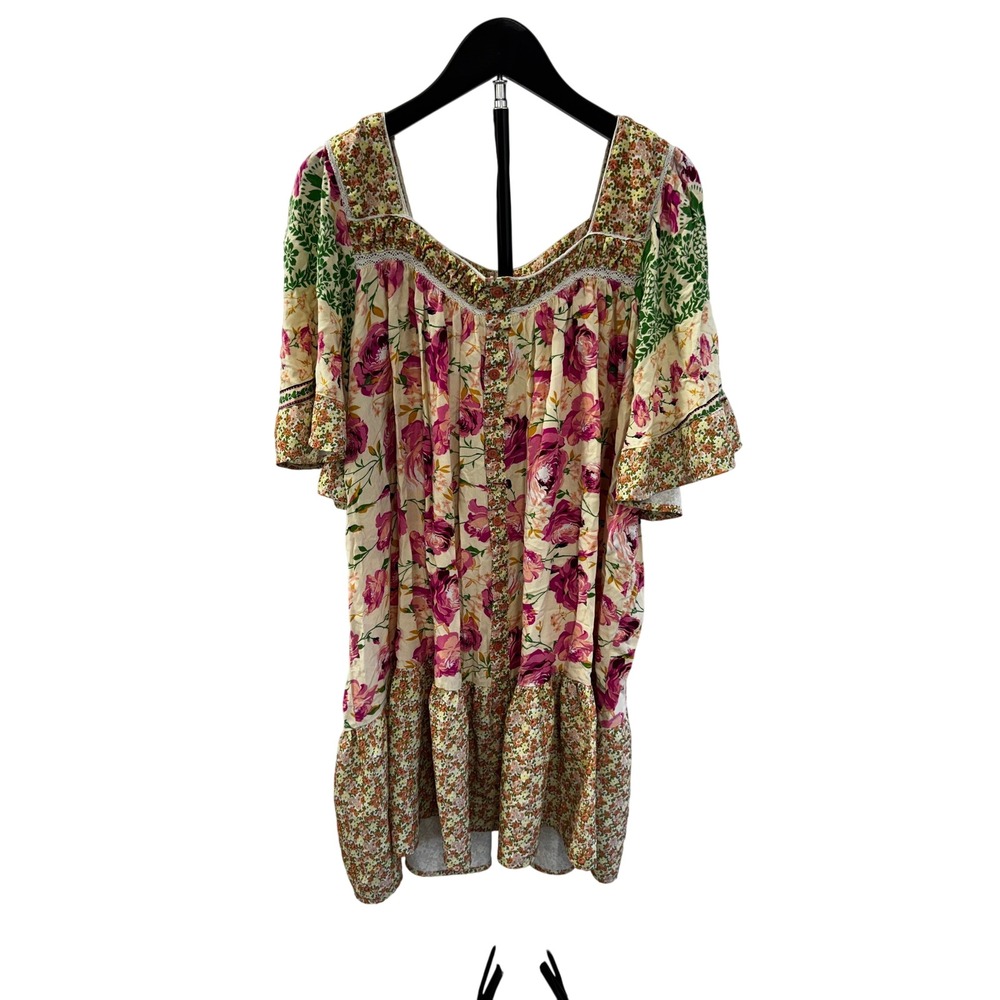 Umgee Pink Floral Patchwork Cottagecore Flutter Sleeve Short Dress Plus Sz 2XL - Picture 3 of 16